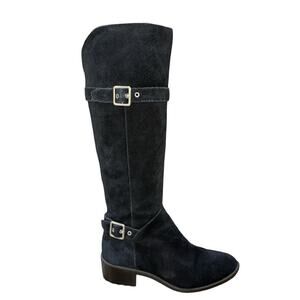 Cole Haan Black Suede Flat Boots Silver Buckle, Zip Up, Sz 5B